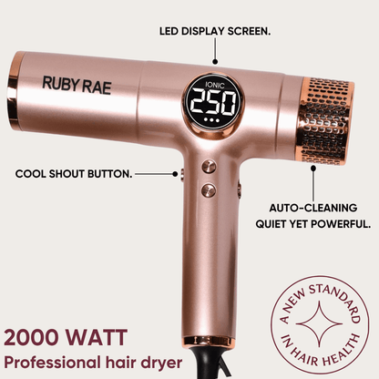 Rose gold hair dryer with features labeled on a white background