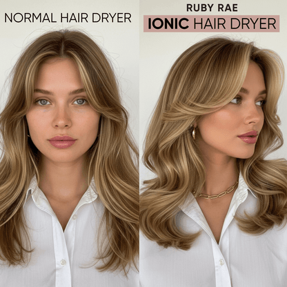Comparison of hair style achieved with a normal hair dryer and Ruby Rae ionic hair dryer on a model.